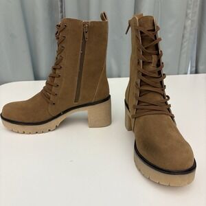 Oasis Society Boots Womens 6.5 Brown Suede Lace-Up Ankle Chunky Heel Side‎ Zip